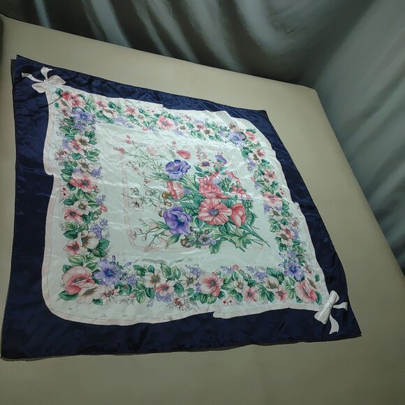 Flowers Floral Print Satin Square Scarf 30 by 30 Navy Border Bow Design - Picture 12 of 12
